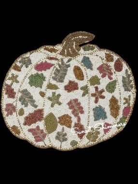 x4 Tahari Beaded Fall Leaf White Pumpkin Thanksgiving Placemat Chargers Set New